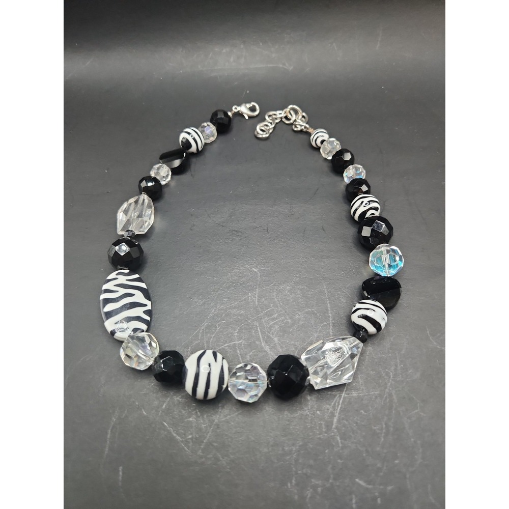 Chunky Zebra Print Black White Ab & Clear Acrylic And Glass Statement Necklace